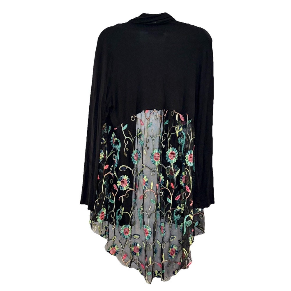Kim & Cami Black Floral Mesh Open Front Cardigan Duster Boho Jersey Knit Size L - Picture 2 of 6